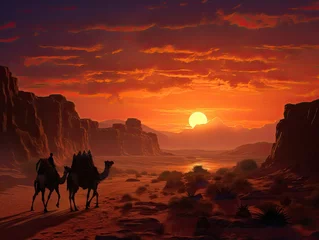 Fotobehang a man riding camels in a desert © Skyfe