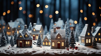 Christmas ceramic village with illuminated windows and snow on the background of illuminations and at night. Christmas design for home decoration