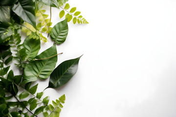 Green leaves on white background with copyspace. Flat lay, top view, for banner background - obrazy, fototapety, plakaty