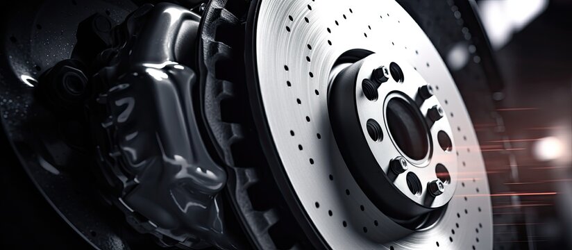 The concept of automotive technology and vehicle repair represented by an abstract image of a brake disc installed on a car