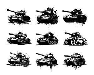 A set collection of military tank vector illustrations