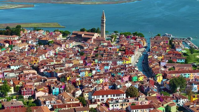 Aerial view of the colorful houses on Burano Island, in the Venice province of the Veneto region, Italy