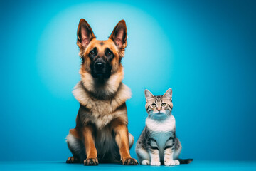 Dog and cat sitting for photo isolated on blue studio background