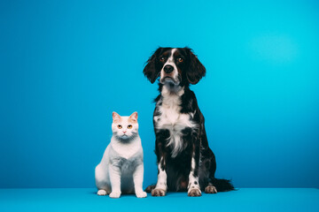 Fototapeta na wymiar Dog and cat sitting for photo isolated on blue studio background