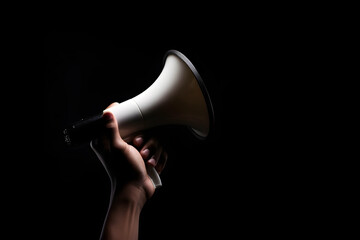 Hand holding megaphone isolated on black background with copyspace. Advertisement mock up, clip art, announcement and communication creative banner background concept - obrazy, fototapety, plakaty