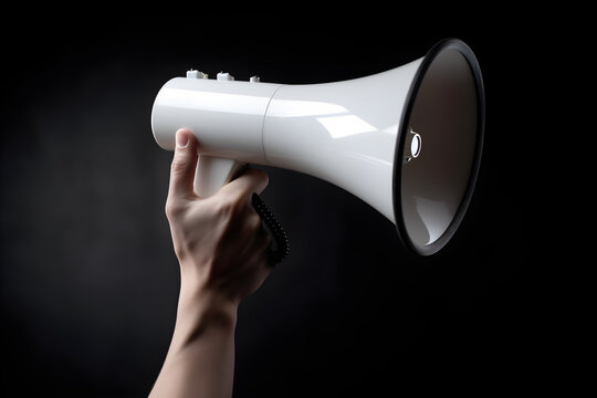 Hand holding megaphone isolated on grey background with copyspace. Advertisement mock up, clip art, announcement and communication creative banner background concept