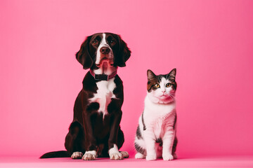 Dog and cat sitting for photo isolated on pink studio background
