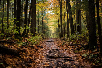 Obraz premium Autumn Hiking Trail through the Woods: Adventure, Fallen Leaves, Exploration | Created with generative AI tools