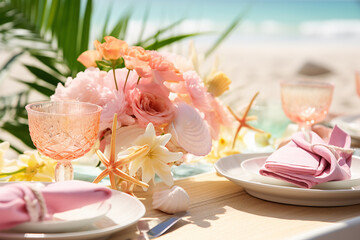 Beachside Dining Table Setting with Seashell Decor, Tropical Flowers, Colorful Beach-Themed Dishes - Coastal Vibe" Created with generative AI tools