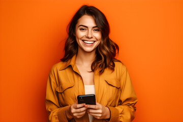 Happy young woman in eyeglasses using mobile phone isolated orange background with copyspace, for banner background