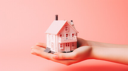 isometric Miniature house in woman hands isolated on studio background