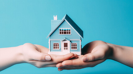 isometric Miniature house in woman hands isolated on studio background