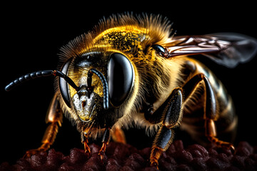 Macro photo of a bee with a blurred background, Close up, macro lens photography