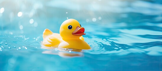 Childhood symbol a yellow rubber duck swimming in a pool representing fun and friendship - obrazy, fototapety, plakaty