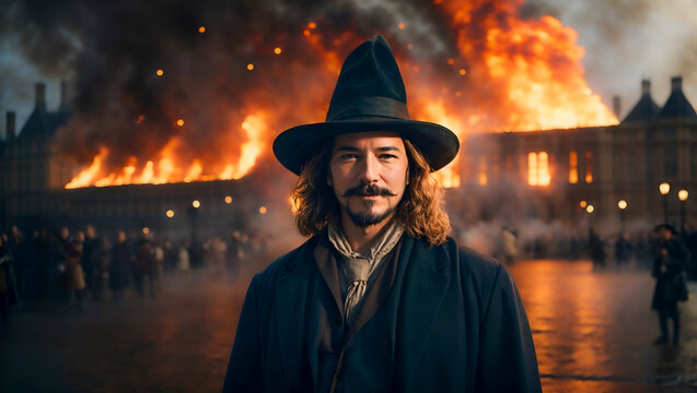 Guy Fawkes anarchist in front of a burning building or the houses of parliament