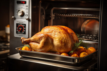 Perfectly Roasted Thanksgiving Turkey in Oven, Golden Skin, Thermometer for Doneness, Generative AI Tools