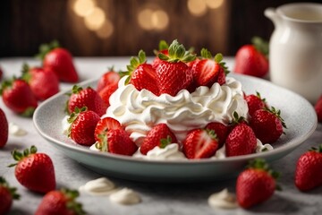 plate of strawberries with whipped cream