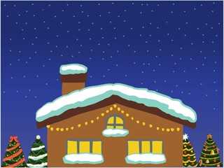 夜空と雪の積もった家とクリスマスツリーの背景イラスト
