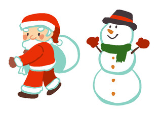 手描き風全身デフォルメ　サンタクロースと雪だるまのイラストセット