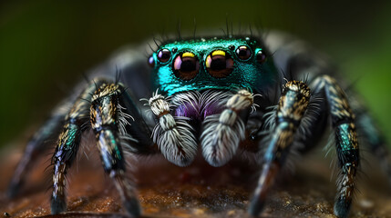 Macro shot of a blue spider with a blurred background, Close up, macro lens photography