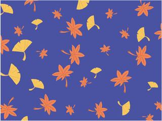 イチョウとカエデの落ち葉　壁紙　背景　手描きイラスト(青バック)
