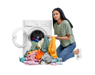 Unhappy woman with dirty clothes near washing machine on white background