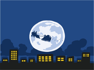 ソリに乗ったサンタクロース＆トナカイのシルエットと夜空と満月の背景イラスト
