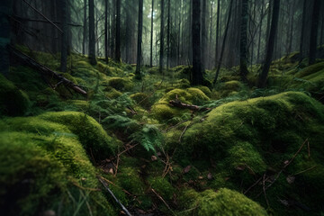 Mossy trees in the forest in the evening. Deep Forest, woods landscape, pine trees