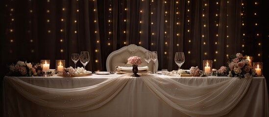 Candlelit tables with centerpieces at a restaurant wedding reception - obrazy, fototapety, plakaty