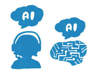 AI脳とAIボットの手書き水彩風イラストセット
