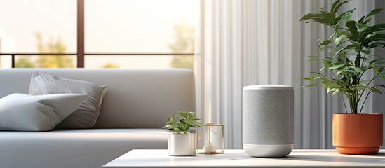 Living room smart speaker activated by voice in a smart home - obrazy, fototapety, plakaty