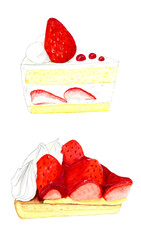 手描き水彩の美味しそうなショートケーキといちごのタルトのイラスト