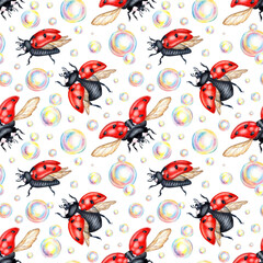 Watercolor illustration of a drawing of red ladybugs with black dots and soap bubbles. Seamless isolated pattern for kitchen, home decor, stationery, wedding invitations and clothing print.