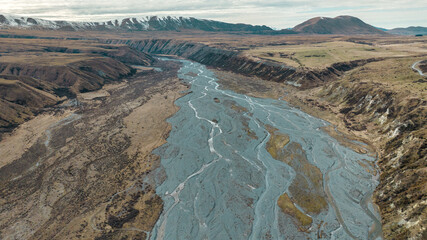 Aerial photograph of the braided river flowing through the valley in the Hakatere conservation park