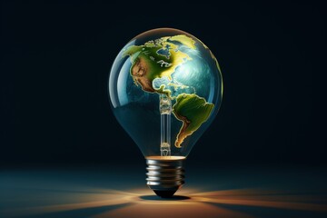 Light bulb illustration with planet earth, dark background, environmental preservation concept. Generative AI