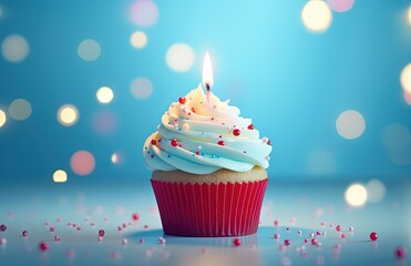 Cupcake with lit candle on blue background, birthday and celebration. Generative AI