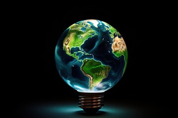 Light bulb illustration with planet earth, dark background, environmental preservation concept. Generative AI