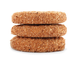 Stack of vegan cutlets with breadcrumbs isolated on white