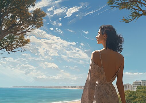 Landscape with woman on the beach, sky and sea in the background. Generative AI