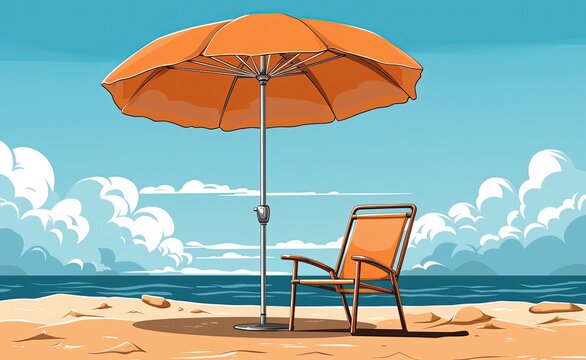 Tropical landscape with beach chair and umbrella, beach and sea in the background. Generative AI