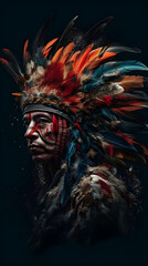 Portrait of a man in an American Indian costume with feathers hat and colorful makeup on black background. native american style - obrazy, fototapety, plakaty