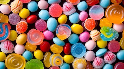 Fototapeta na wymiar 色々な種類のカラフルで可愛いキャンディーの背景