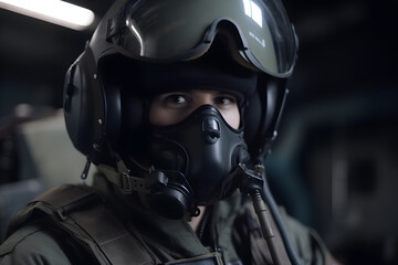 Fototapeta premium Portrait of a pilot in the helmet sits in the cockpit of a fighter aircraft. Military aircraft.