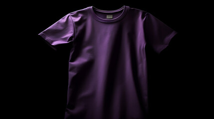 Purple t-shirt mockup on black background with copyspace, Flat lay, top view, for print, product presentation, product display