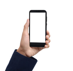 Man holding smartphone with blank screen on white background, closeup. Mockup for design