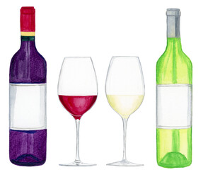 手描き水彩のワインボトルとワイングラスのイラストセット