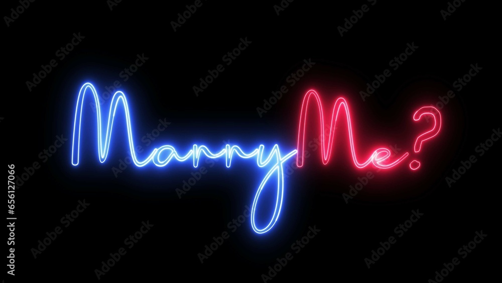 Poster marry me text font with neon light. luminous and shimmering haze inside the letters of the text marr