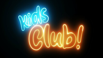 Kids Club text font with neon light. Luminous and shimmering haze inside the letters of the text Kids Club neon. 