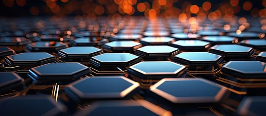 Fotobehang Protection anti virus security concept hexagon grid sphere shield in half tone color on reflective floor with dim light at center Ideal for text logo product © 2rogan