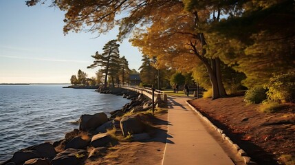 Obraz premium Sunny day waterfront boardwalk with sunlit path